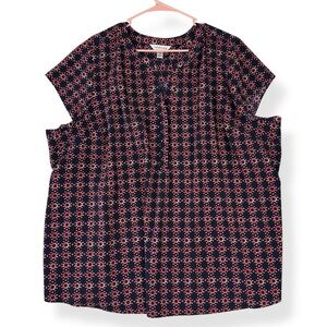 Croft & Barrow Cap Sleeve Blouse Womens Plus Size 3X Navy Blue Pink V-Neck Top